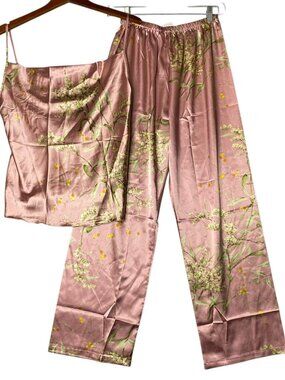 Mauve Floral Satin Feel Polyester Pajama Set Size Medium Like New